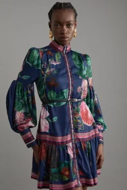 Karen Millen Petite Print Woven Balloon Sleeve Belted Midi Dress floral Clearance