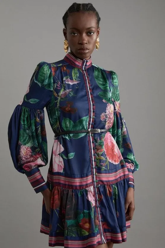 Karen Millen Petite Print Woven Balloon Sleeve Belted Midi Dress floral Clearance