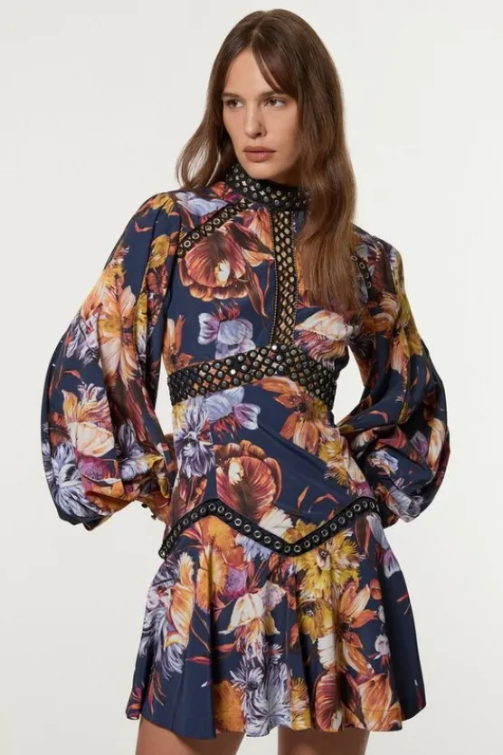 Karen Millen Petite Studded Lace Woven Mini Dress floral New