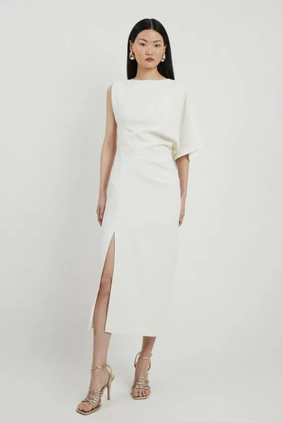 Karen Millen Petite Fluid Tailored Asymmetric Sleeve Midi Dress ivory Discount