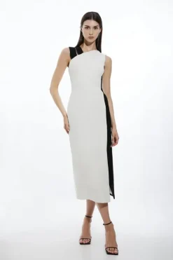 Karen Millen Petite Fluid Tailored Color Block Split Strap Midi Dress mono Clearance