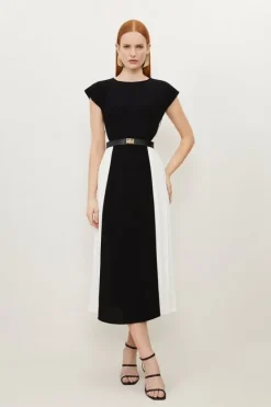 Karen Millen Petite Fluid Tailored Contrast Pleated Panel Skirt Midi Dress mono New