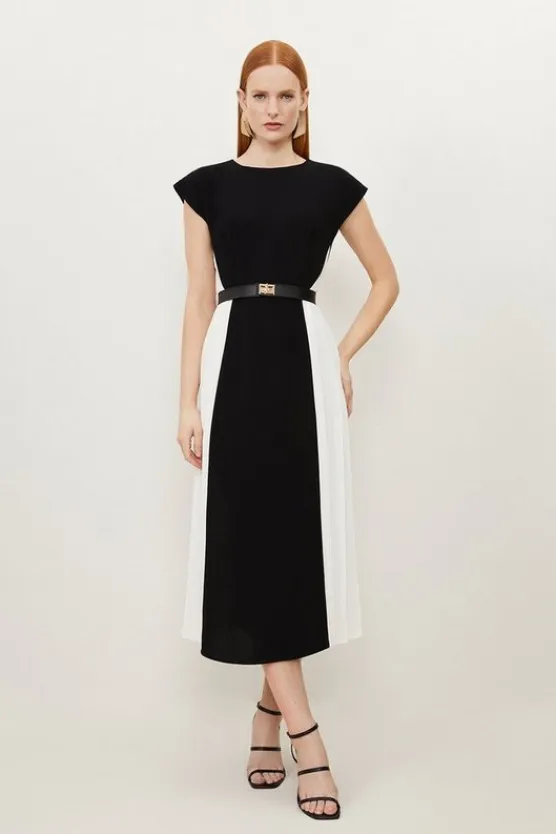 Karen Millen Petite Fluid Tailored Contrast Pleated Panel Skirt Midi Dress mono New
