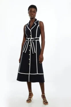 Karen Millen Petite Fluid Tailored Sleeveless Belted Contrast Tipped Midaxi Shirt Dress navy Online