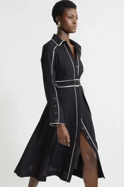 Karen Millen Petite Fluid Tailored Tipped Belt Detailed Midi Shirt Dress black Best