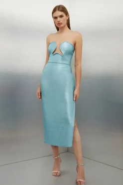 Karen Millen Petite Foiled Figure Form Bandage Corset Detail Knit Midi Dress paleblue Sale