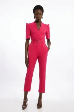 Karen Millen Petite Forever Belted Notch Neck Tailored Jumpsuit fuchsia Hot