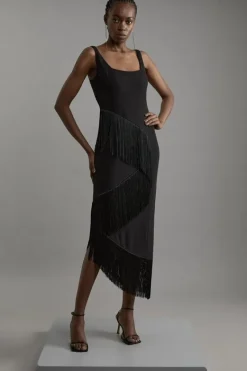Karen Millen Petite Fringe Tassel Drape Tailored Pencil Midi Dress black Sale