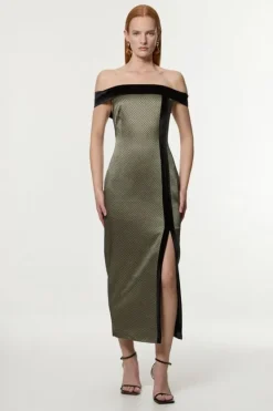 Karen Millen Petite Jacquard Velvet Mix Tailored Off The Shoulder Midi Dress geo New