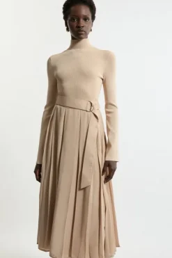 Karen Millen Petite Georgette Belted Pleat Woven Midi Skirt camel Clearance