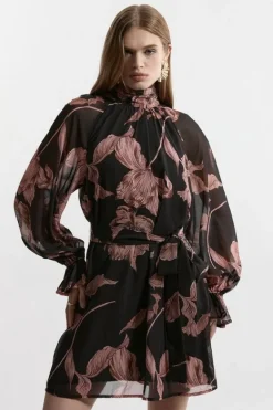 Karen Millen Petite Georgette Tie Neck Woven Mini Dress floral Clearance