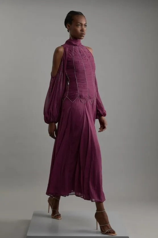 Karen Millen Petite High Neck Embellished Ruched Georgette Woven Maxi Dress mulberry Clearance