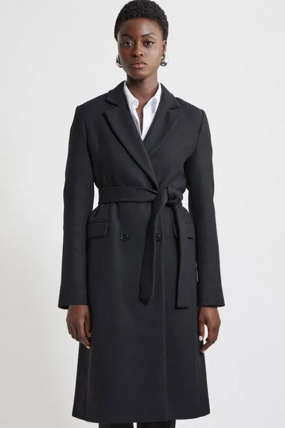Karen Millen Petite Italian Manteco Wool Blend Tailored Belted Midi Coat black Best