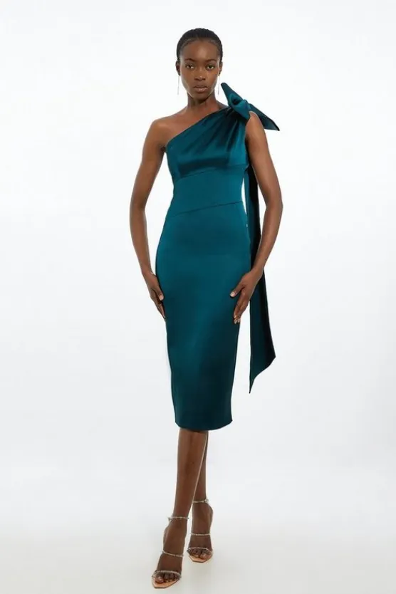 Karen Millen Petite Italian Satin One Shoulder Bow Detail Tailored Midi Dress forest Discount