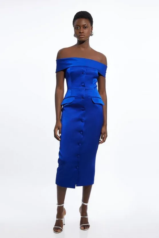 Karen Millen Petite Italian Structured Rib Off The Shoulder Button Through Tailored Midi Dress cobalt New