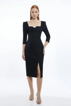 Karen Millen Petite Italian Structured Rib Sweetheart Neck Split Front Maxi Dress black New