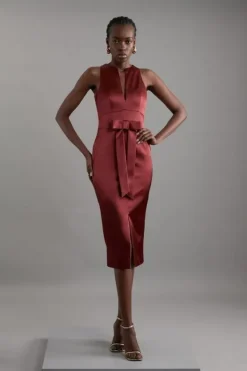 Karen Millen Petite Italian Structured Satin Bow Detail Tailored Maxi Dress rust Discount