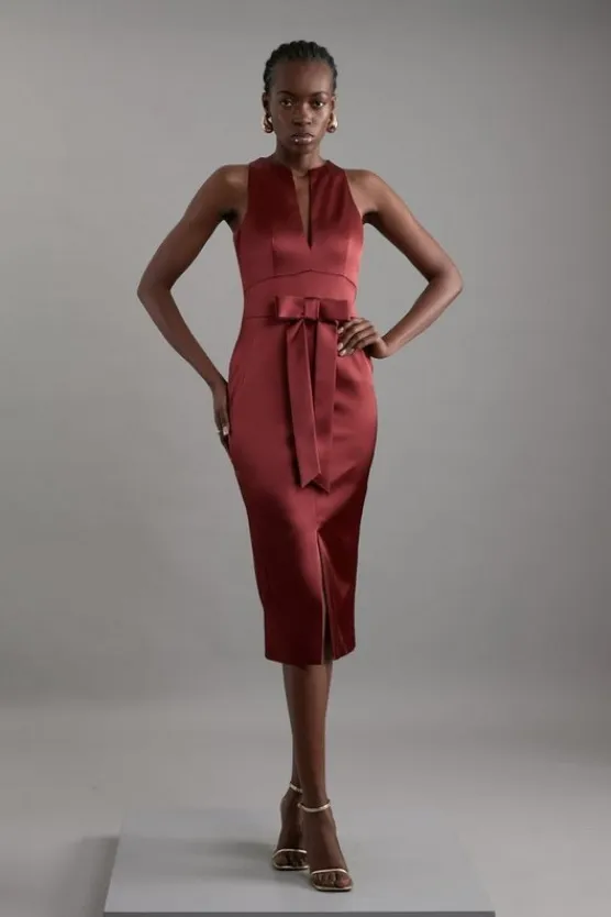 Karen Millen Petite Italian Structured Satin Bow Detail Tailored Maxi Dress rust Discount