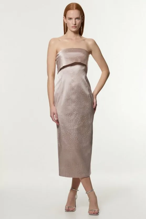 Karen Millen Petite Italian Structured Textured Satin Bandeau Tailored Midi Dress blush Sale