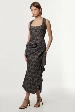 Karen Millen Petite Jacquard Ruffle Strappy Tailored Maxi Dress black Sale