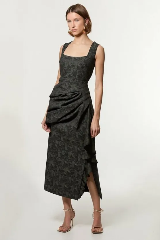 Karen Millen Petite Jacquard Ruffle Strappy Tailored Maxi Dress green Best