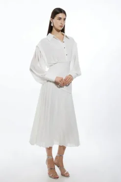 Karen Millen Petite Jersey And Georgette Mix Pleated Midi Shirt Dress ivory Outlet