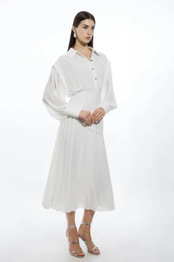 Karen Millen Petite Jersey And Georgette Mix Pleated Midi Shirt Dress ivory Outlet