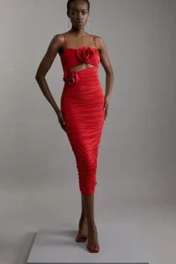 Karen Millen Petite Jersey Crepe Embellished Rosette Midi Dress red New