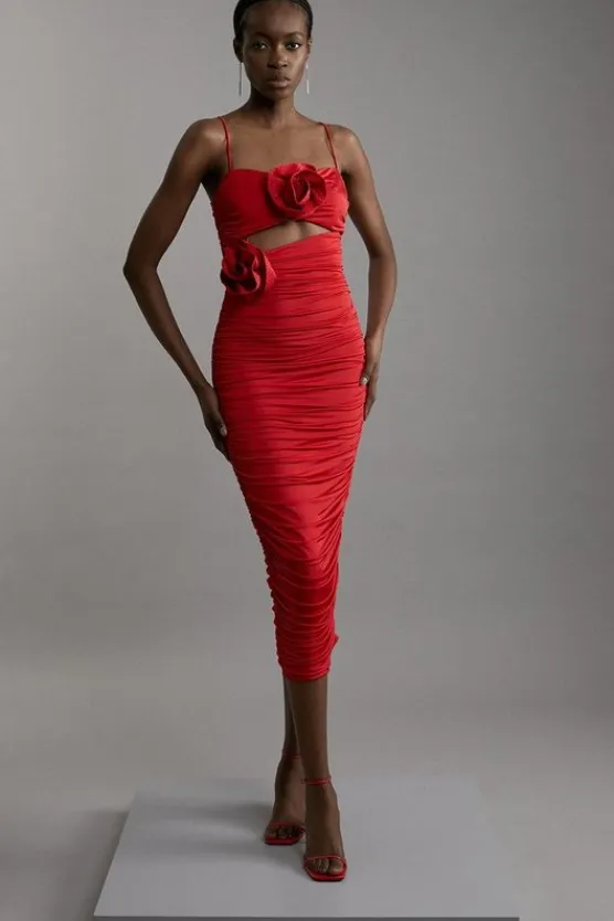 Karen Millen Petite Jersey Crepe Embellished Rosette Midi Dress red New