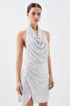 Karen Millen Petite Jersey Sequin Cowl Neck Mini Dress silver Outlet