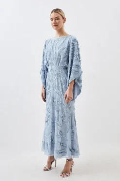 Karen Millen Petite Kimono Sleeve Embellished Woven Maxi Dress blue Clearance