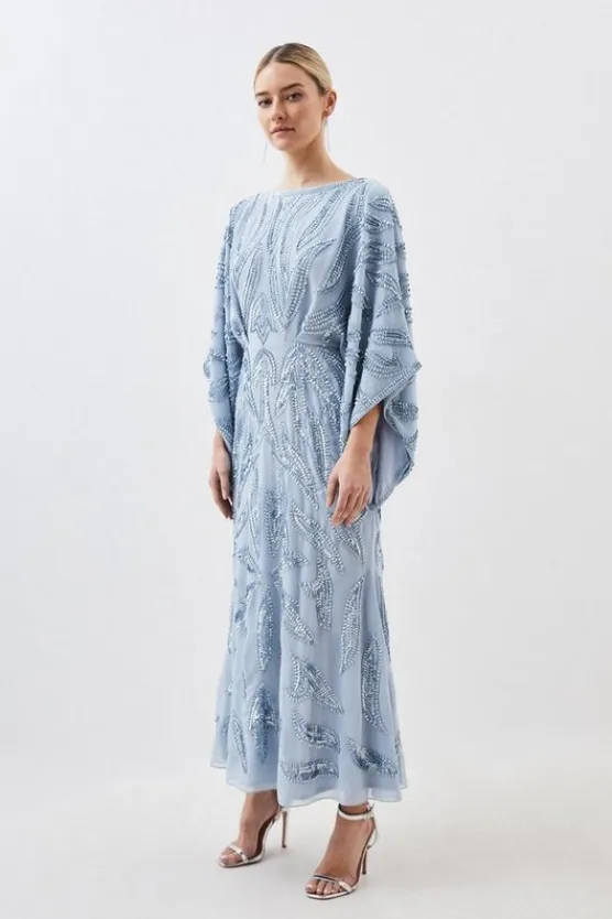 Karen Millen Petite Kimono Sleeve Embellished Woven Maxi Dress blue Clearance
