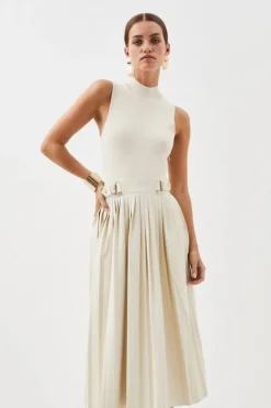 Karen Millen Petite Knitted Midi Dress With Pu Detailing cream Sale