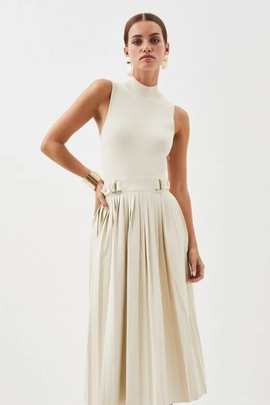 Karen Millen Petite Knitted Midi Dress With Pu Detailing cream Sale