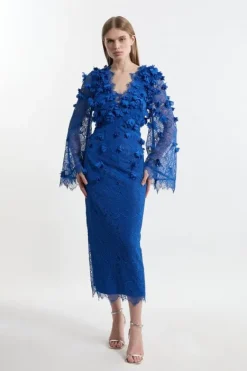 Karen Millen Petite Lace Petal Applique Balloon Sleeve Woven Midi Dress cobalt Fashion
