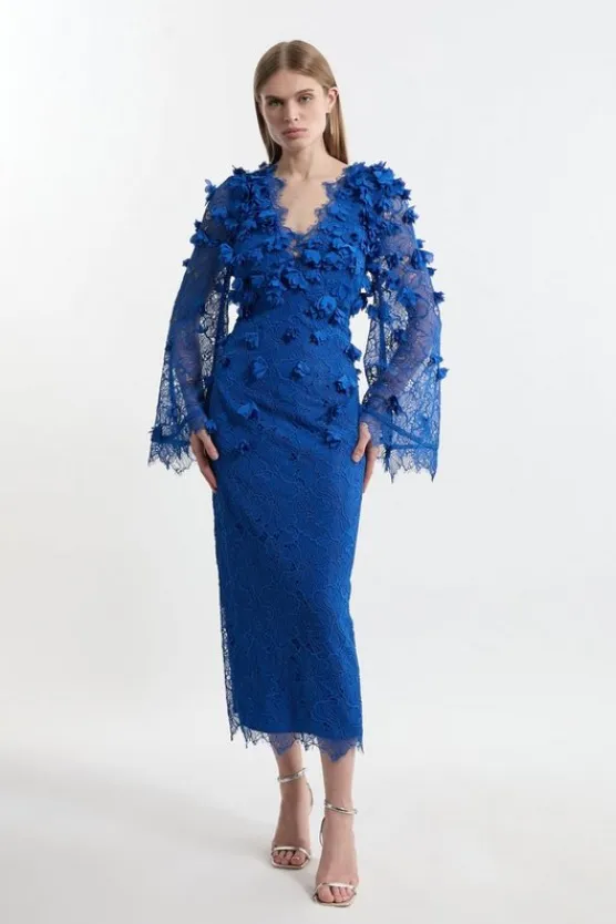 Karen Millen Petite Lace Petal Applique Balloon Sleeve Woven Midi Dress cobalt Fashion