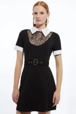 Karen Millen Petite Lace Ponte Cotton Mix Jersey Mini Dress black New