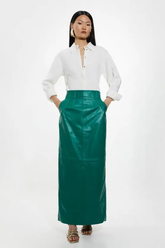 Karen Millen Petite Leather Corset Detail High Waist Maxi Pencil Skirt brightgreen Outlet