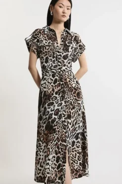 Karen Millen Petite Leopard Batik Printed Morocain Woven Midi Shirt Dress animal Hot