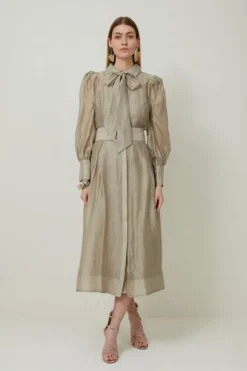 Karen Millen Petite Linen Blend Organdie Woven Pussybow Midaxi Dress champagne Outlet