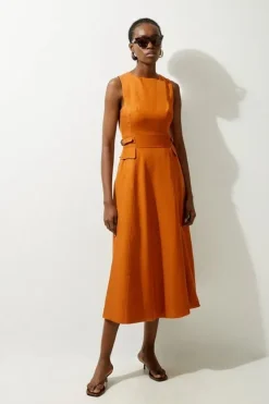 Karen Millen Petite Linen Tab Waist Detail Full Skirt Tailored Midi Dress tan Fashion