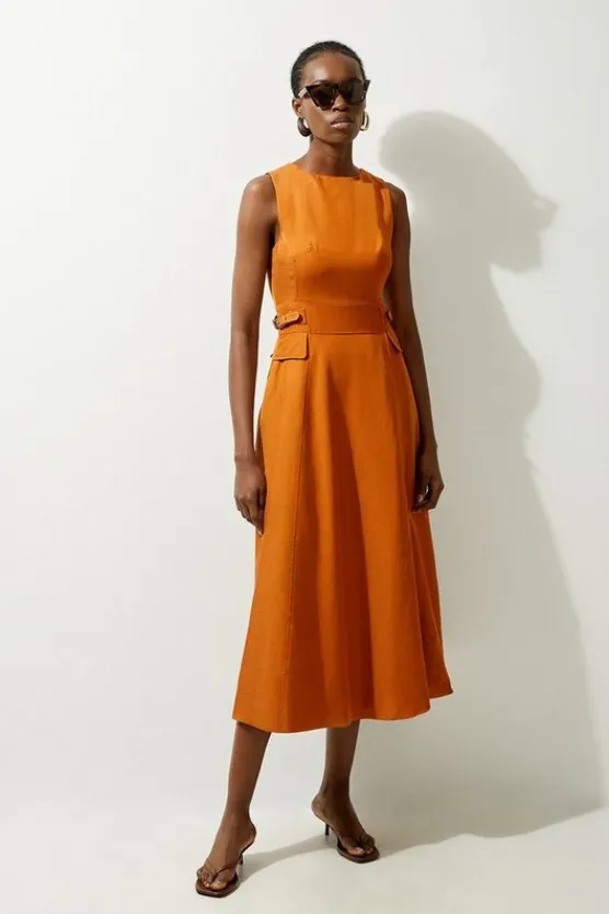 Karen Millen Petite Linen Tab Waist Detail Full Skirt Tailored Midi Dress tan Fashion