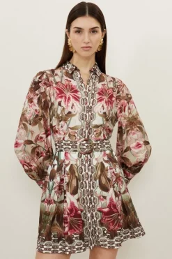 Karen Millen Petite Linen Viscose Border Print Woven Short Dress floral Sale