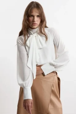 Karen Millen Petite Long Sleeved Pussy Bow Woven Blouse ivory Best