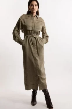 Karen Millen Petite Long Sleeve Slub Woven Midaxi Dress khaki Online