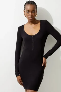 Karen Millen Petite Lux Viscose Rib Jersey Scoop Neck Mini Dress black Clearance