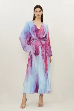 Karen Millen Petite Marble Printed Soft Pleated Woven Maxi Dress pink Discount