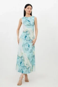Karen Millen Petite Marble Print Jersey Sleeveless Maxi Dress green Clearance