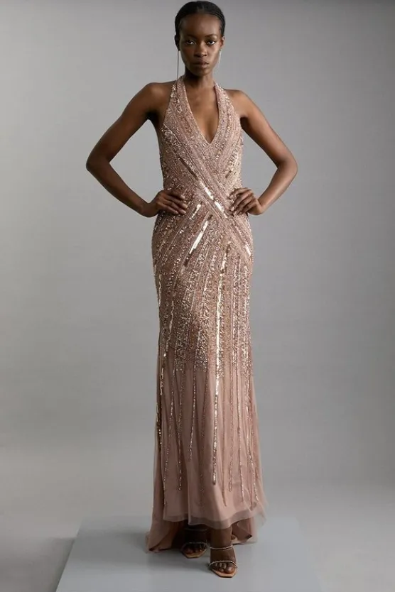 Karen Millen Petite Metallic Embellished And Beaded Halter Maxi Dress rosegold Hot