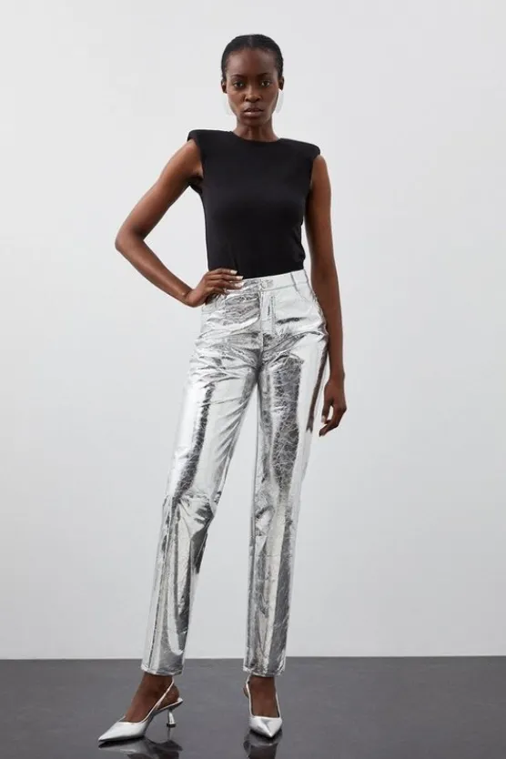 Karen Millen Petite Metallic Faux Leather Straight Pants silver Online